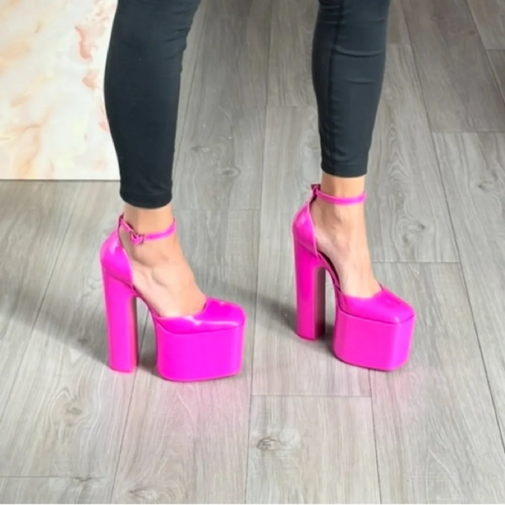 Valentino Garavani Hot Pink Patent DiscoBox Platform Pump Ankle-Strap Heels 37.5